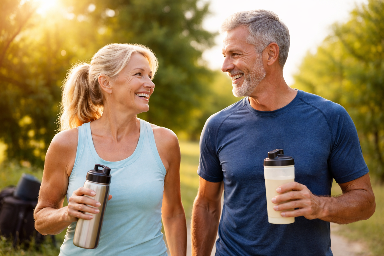 Active couple enjoying evening exercise outdoors — supporting muscle integrity and healthy ageing after 50 with amino acid nutrition