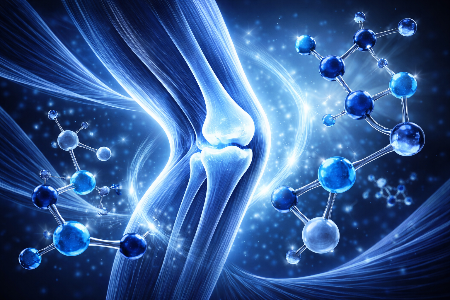 Picture showing the knee joint with images of molecules floating around to support collagen synthesis molecules