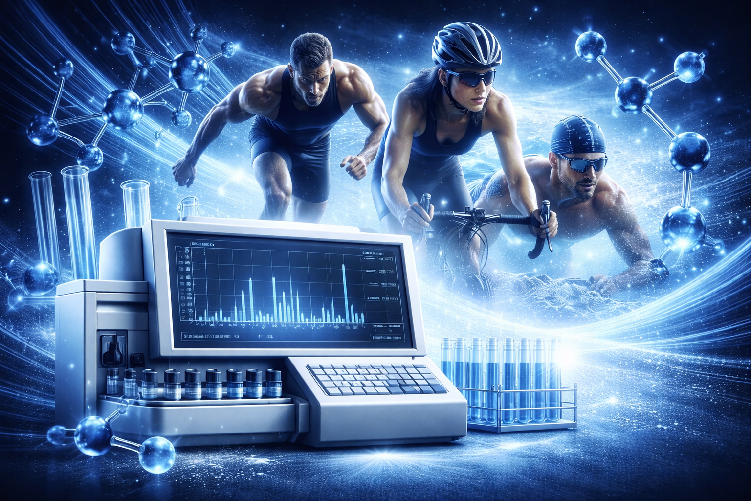 Image of athletes performing with drug testing equipment superimposed in the foreground