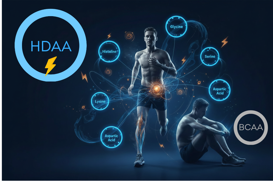 onceptual comparison of HDAA and BCAA support, showing an active runner surrounded by amino-acid energy circles and a seated fatigued athlete beside a BCAA symbol.