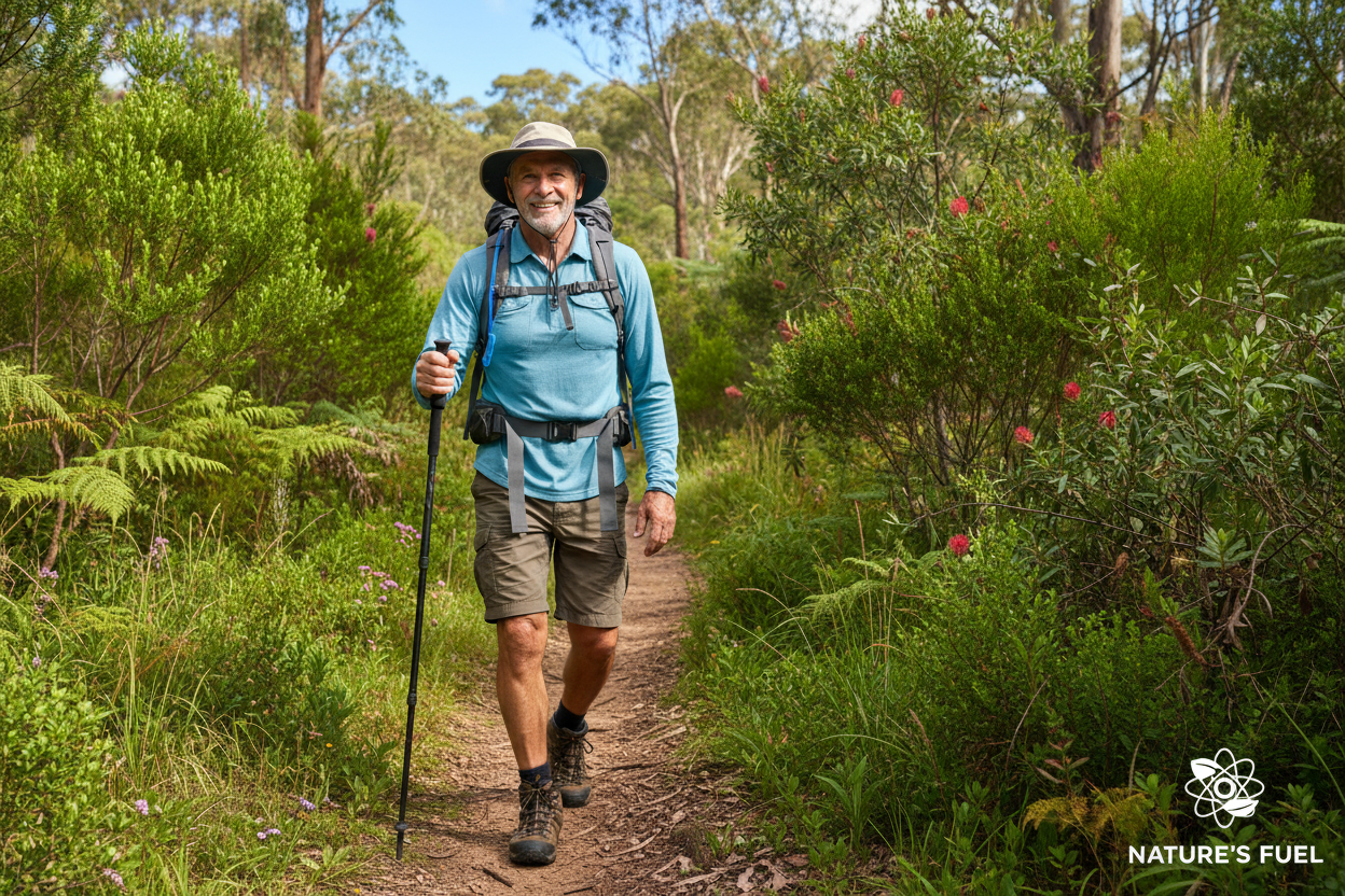 Active man over 50 drinking from a blue water bottle during outdoor exercise in a park