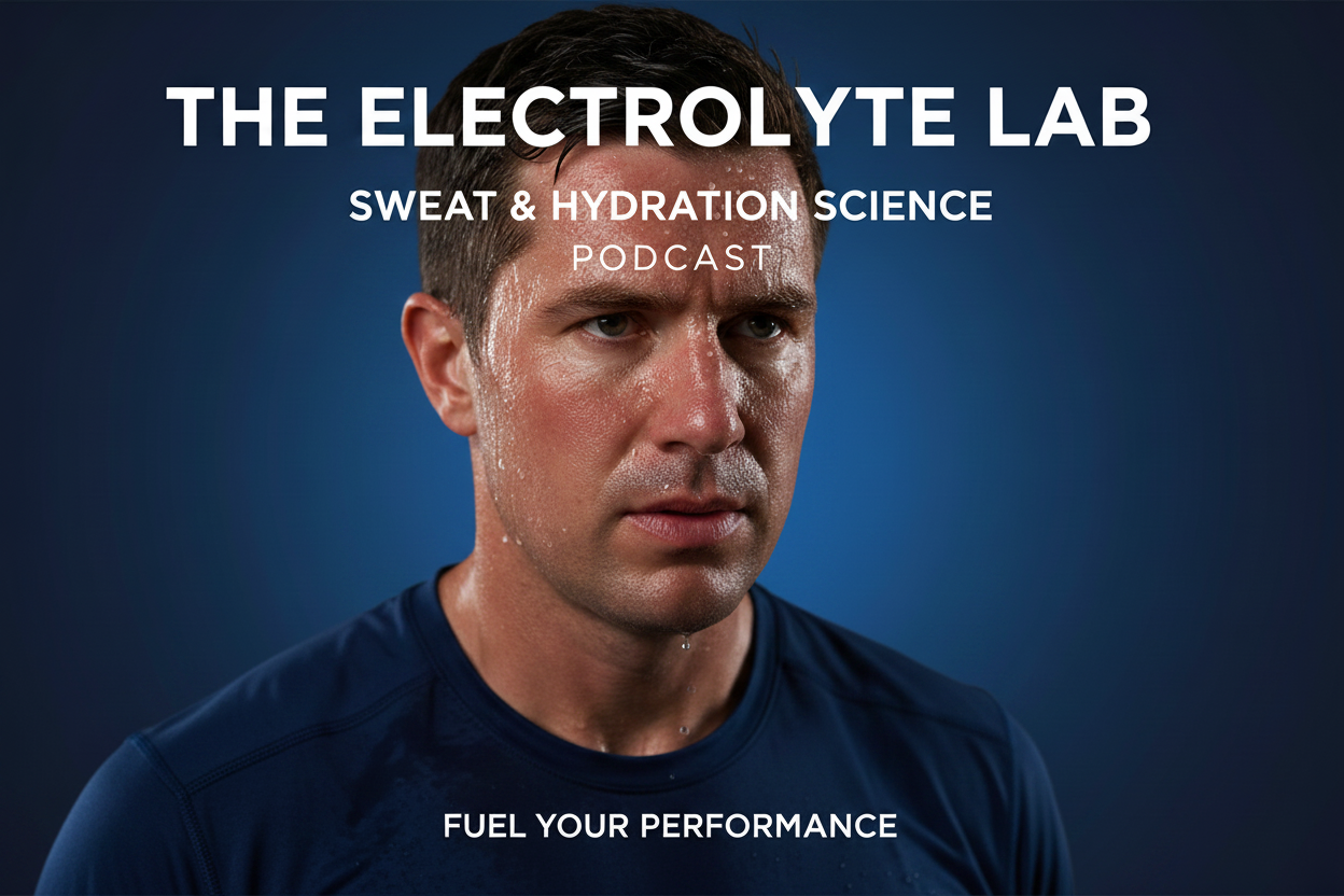 Man who is hot and sweating with the title of the podcast