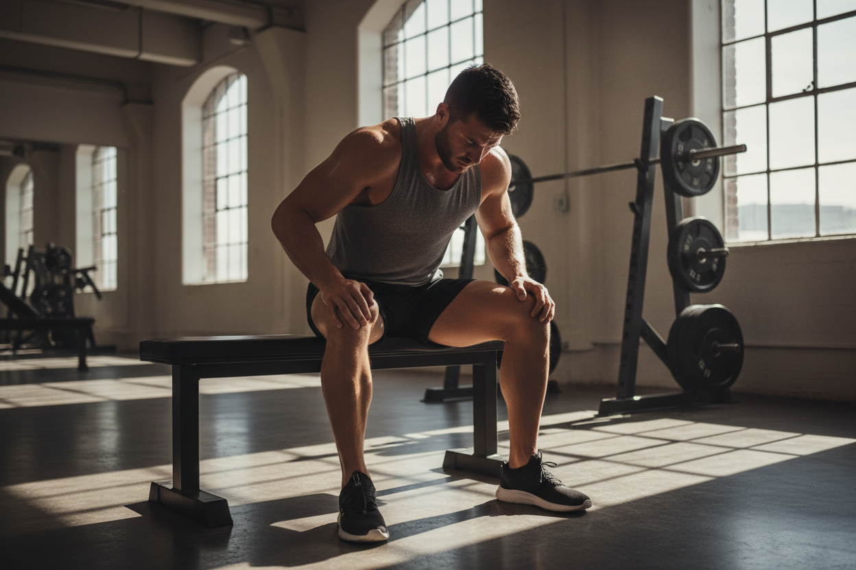 Athlete resting after a heavy gym session — amino acid availability and why muscles stay sore 48 hours after training