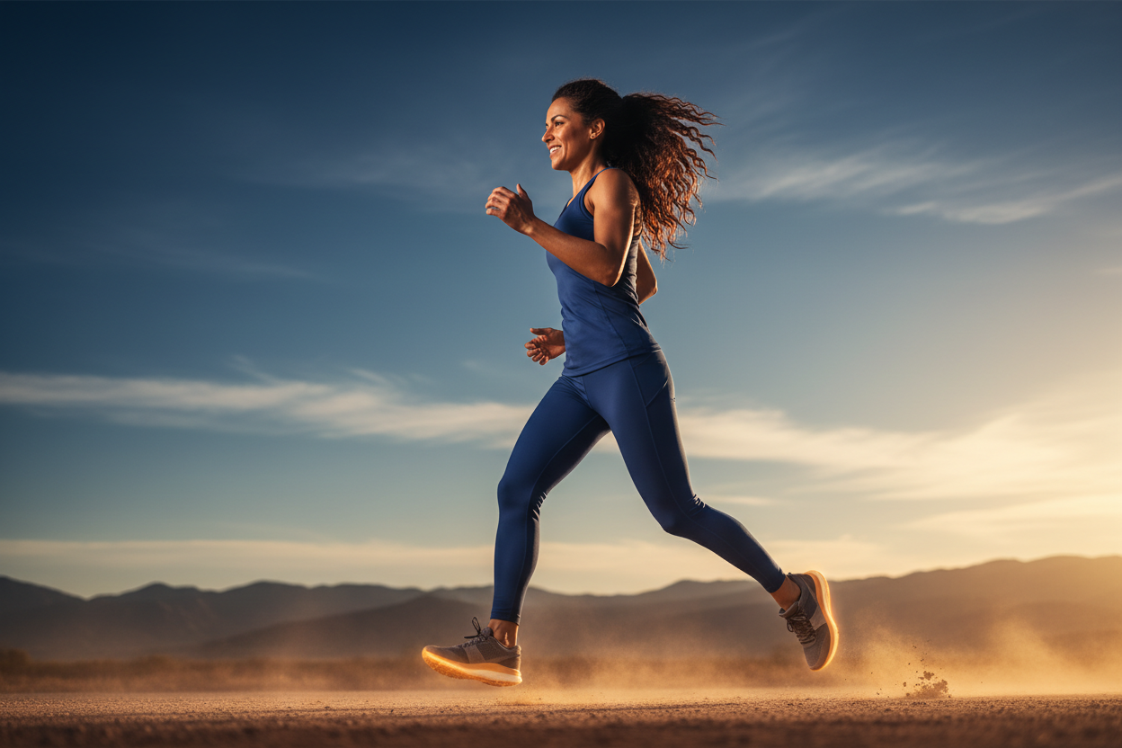 Active woman outdoors in sunlight representing vitality and healthy ageing with amino acid supplementation