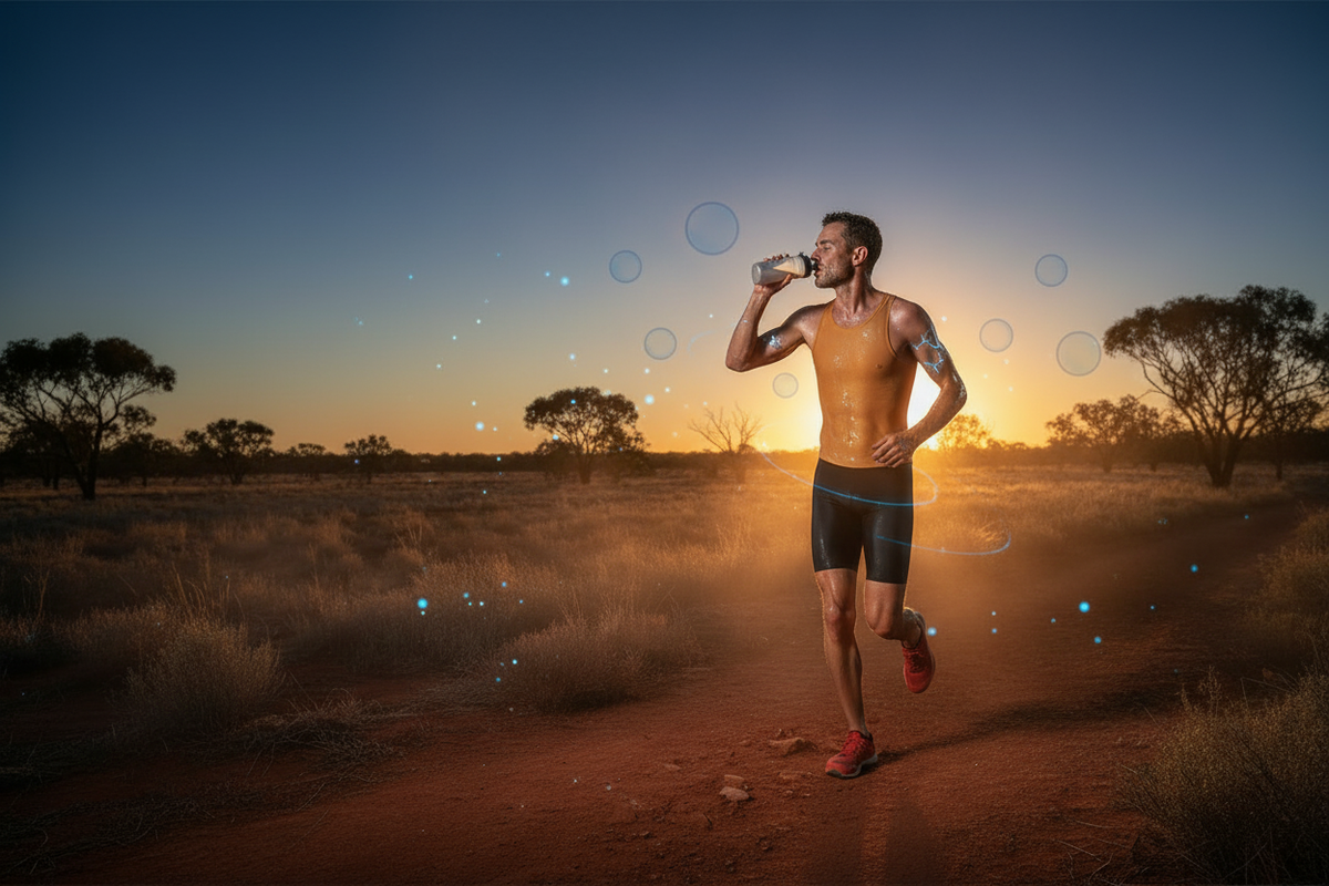 Endurance athlete drinking a fluid supplement while running in hot conditions⠋