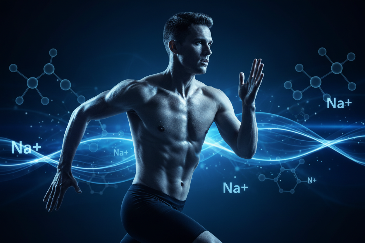 Athlete sweating during exercise with sodium ion and amino acid molecular overlays illustrating HDAA and electrolyte balance
