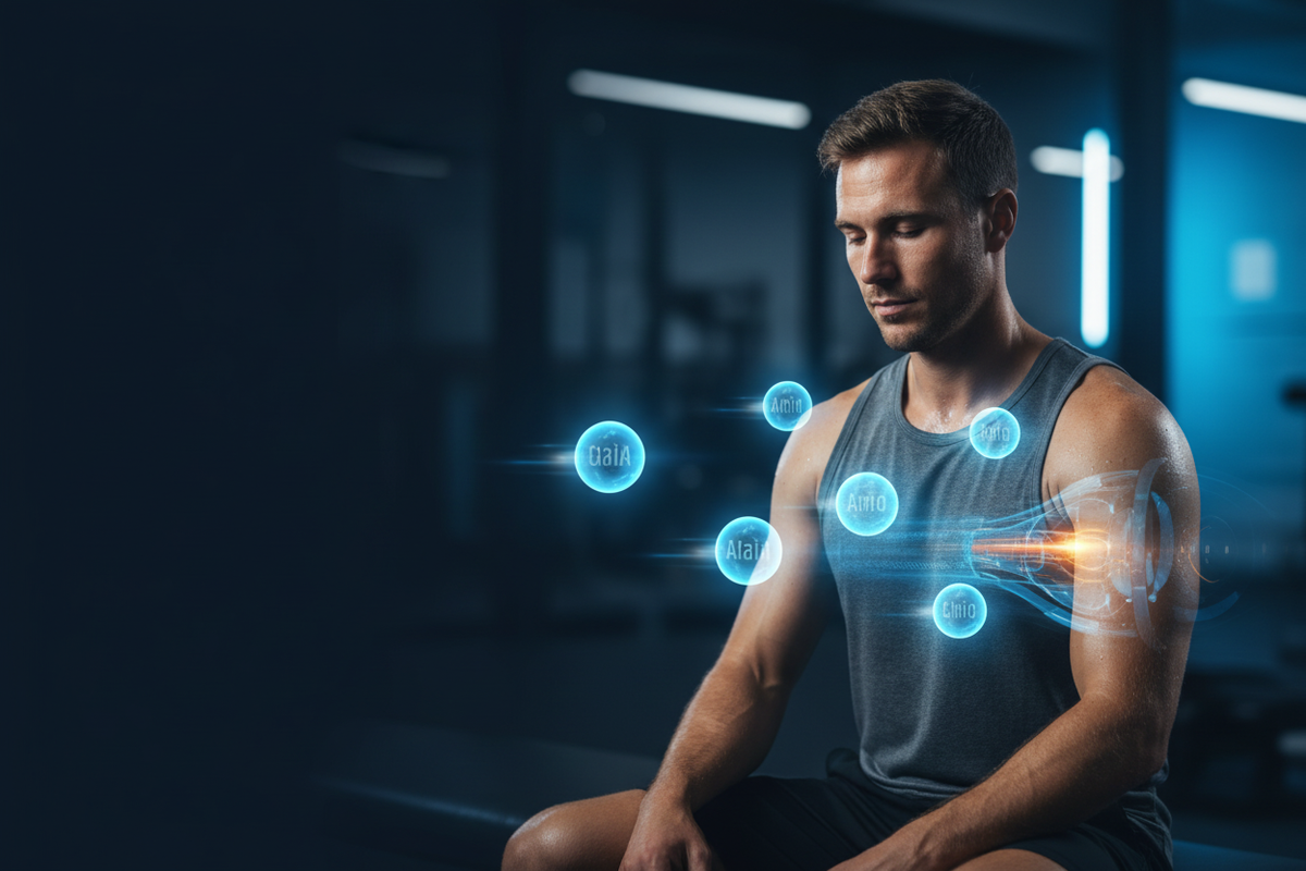 Athlete in the post-workout recovery window with a science-led visualisation of HDAA supporting muscle recovery