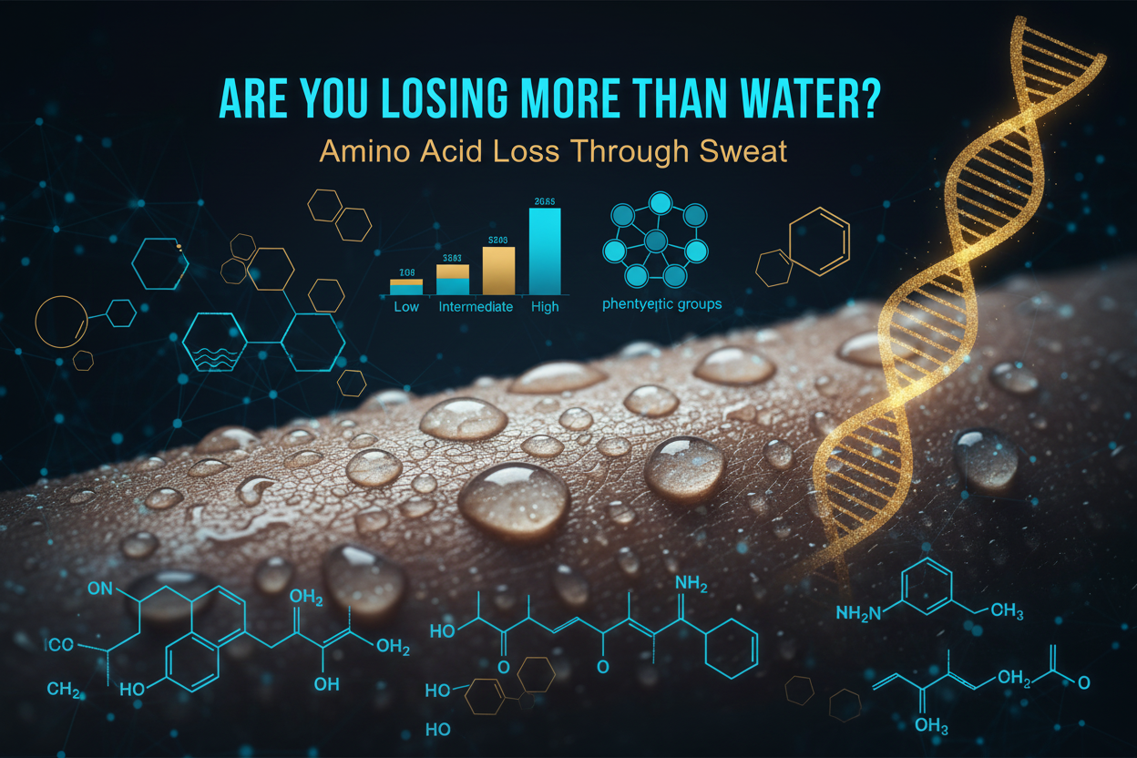 Sports science graphic showing amino acid concentration in sweat across Low, Intermediate, and High phenotypic athlete clusters, highlighting HDAA loss during intense exercise