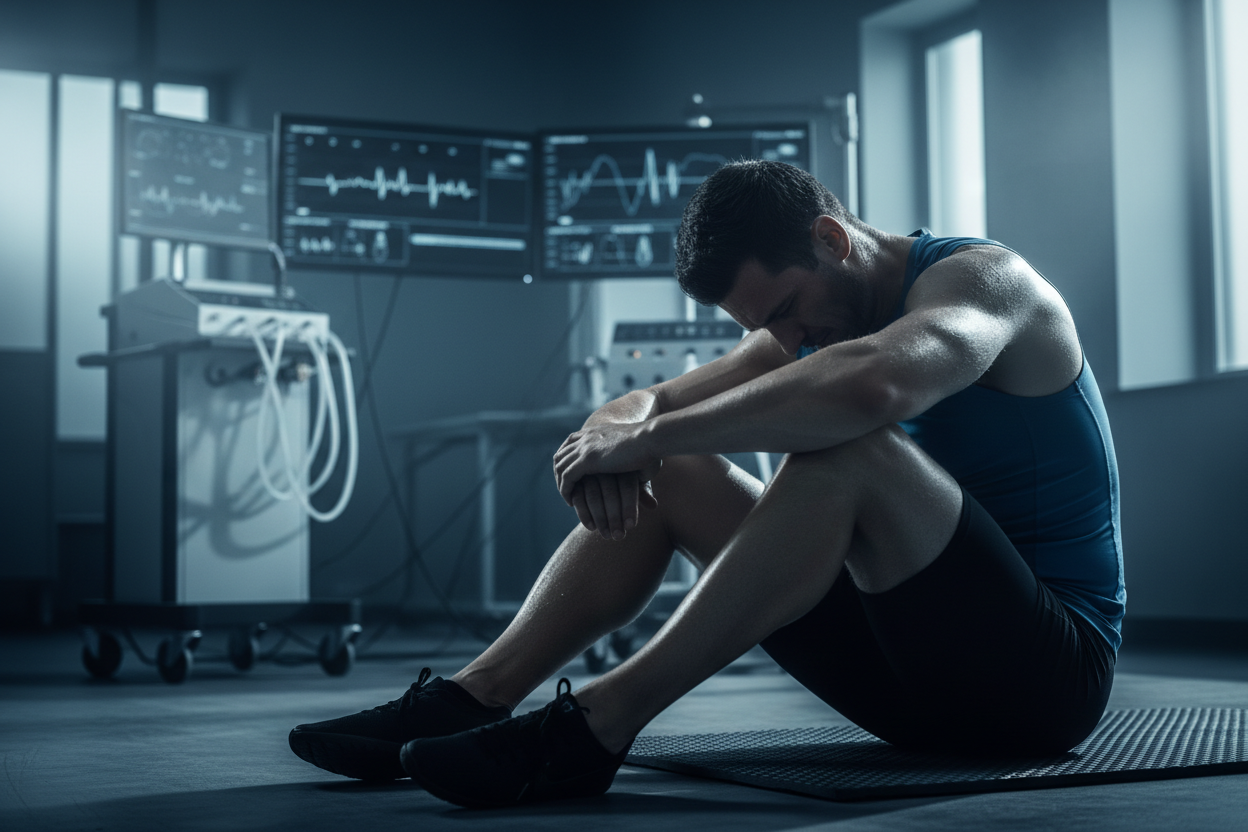 Exhausted Athlete with Lab Background
